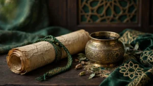 Aged scroll with a brass inkpot
