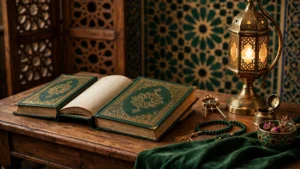 Scholar's desk with books and lamp