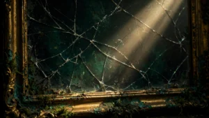 Cracked mirror in darkness with a ray of light