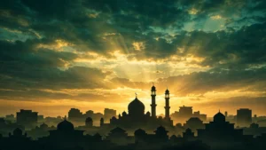 Sunrise over a city skyline