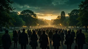 Crowd silhouettes at dusk